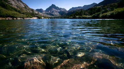 Fototapeta premium A dramatic worm s eye view captures the intricate geometric patterns and flowing lines of a crystal mountain lake
