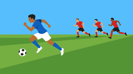 Fototapeta premium Clean flat vector illustration on a light background showing soccer players sprinting across a green field toward the ball, ideal for sports campaign graphics.