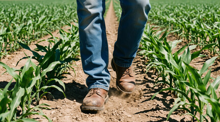 Fototapeta premium Low angle view of a farmer walking through a young cornfield. Close up of leather boots and jeans in agricultural field rows