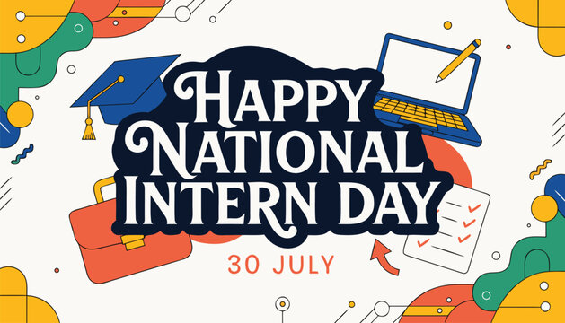 Happy national intern day celebration graphic with colorful business icons