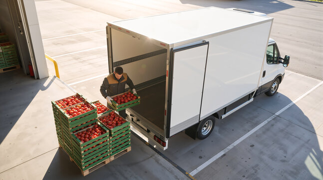 Delivery driver loading crates of fresh tomatoes into a cargo van. Logistics and wholesale food distribution at a warehouse loading dock