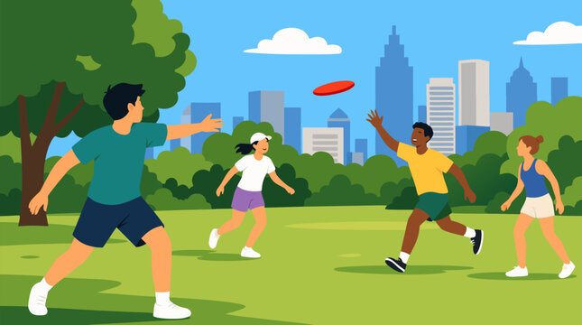 Clean flat vector illustration on a light background showing friends playing ultimate frisbee in a city park, useful for recreation, fitness, or youth sports promotion.