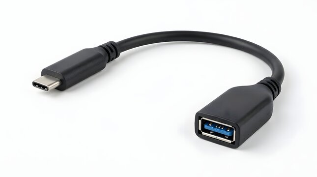 Usb type c to female usb type a adapter cable over white background.