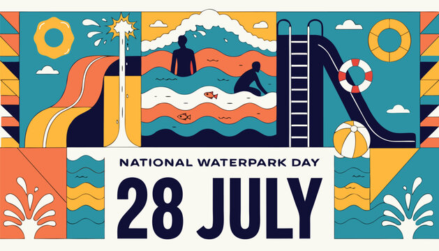 Colorful flat vector illustration celebrating national waterpark day in July
