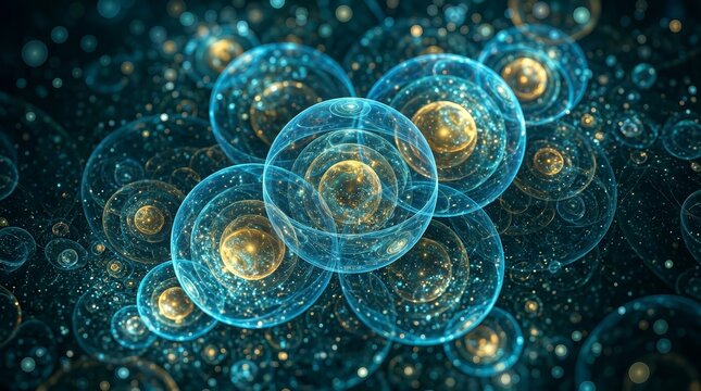 Glowing yellow bubbles and blue fractal circles in an abstract composition.