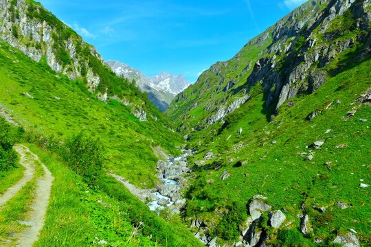 View of Isel stream bellow the green valley sides and a trail above in Umbal valley in High Tauern, Tyrol, Austria