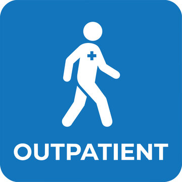 A clean flat vector icon for Outpatient Department (OPD) signs in hospitals and medical centers. Medium blue rounded rectangle with a white walking-patient pictogram and bold text label. Ideal for hos