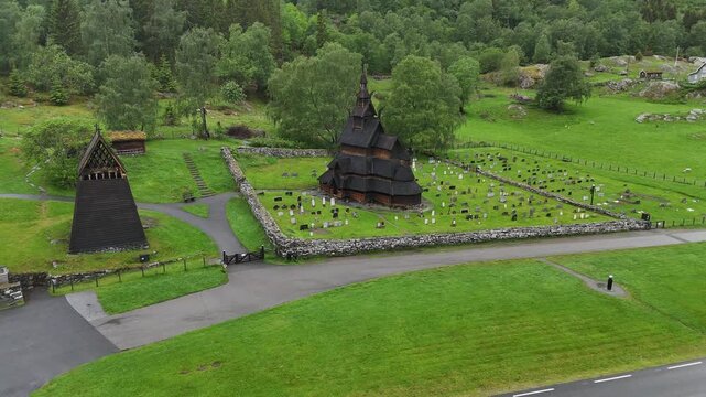 Aerial drone left to right of Borgund Stave Church, Norway