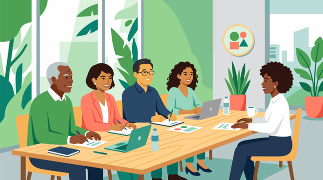A diverse group of professionals meets around a wooden table with laptops, notes, and charts in a clean flat vector illustration on a light office background for teamwork training.
