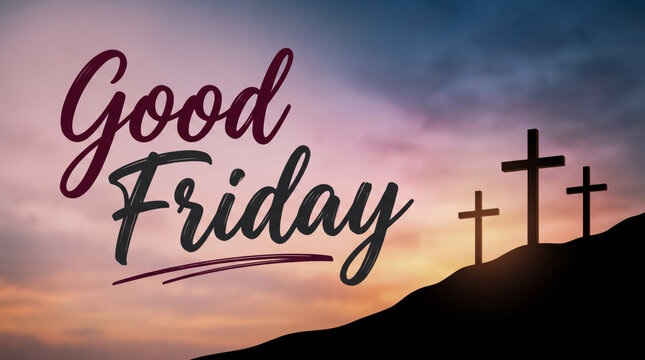 Good Friday Three Crosses at Sunset with Inspirational Typography Celebrating Christian Faith Hope and Holy Week