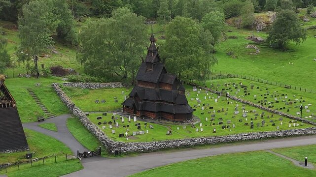 Aerial drone left to right of Borgund Stave Church, Norway