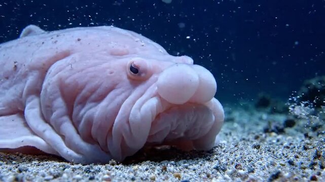 Close-up of a peculiar blobfish resting on the ocean floor, a unique blobfish deep sea creature in its natural habitat