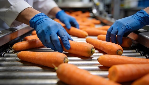 Hands in blue protective gloves carefully select and sort fresh, vibrant orange root vegetables (Daucus carota subsp. sativus) on an industrial conveyor belt, ensuring quality control in a food produc