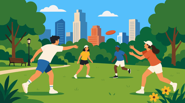 Clean flat vector illustration on a light background shows friends playing frisbee in a sunny city park with skyline and trees, ideal for recreation or wellness promotions.