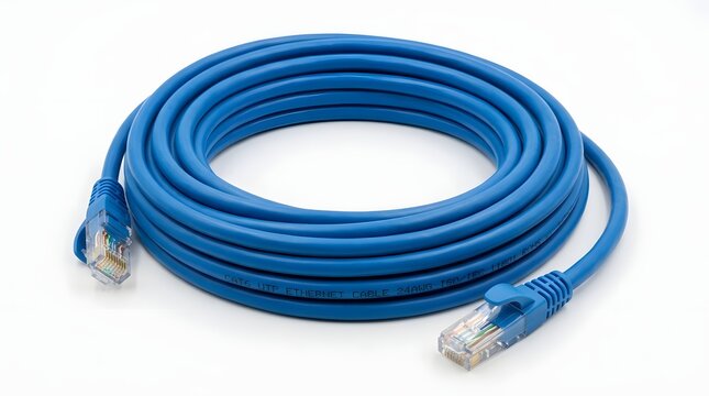Blue ethernet cable for internet connection on white background.