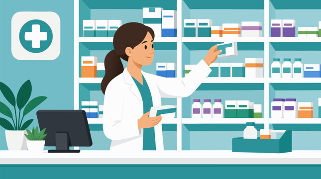 A clean flat vector illustration on a light background shows a pharmacist selecting medicine from pharmacy shelves, ideal for healthcare, clinic, and drugstore promotions.