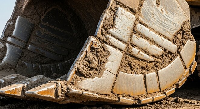 Heavy duty excavator bucket caked with dirt from construction site