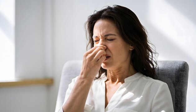 Woman Pinch Nose Close Eyes Odor Frown Disgust Unpleasant Smell Sitting Indoors Home Office Environment Bad Aroma Facial Expression Adult Female Stress Unhappy Feel
