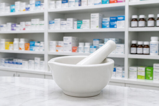 Ceramic mortar and pestle placed on pharmacy counter