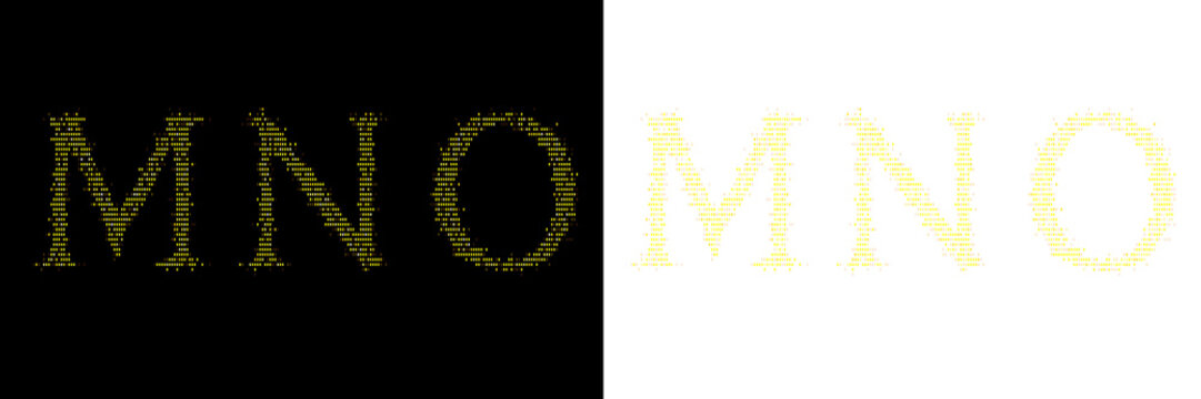 Abstract yellow dot alphabet characters m, n, o isolated on black and transparent background.