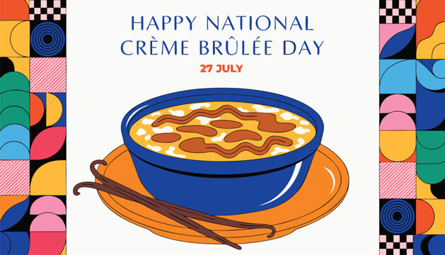 Colorful illustration celebrating national creme brulee day with vanilla bean garnish