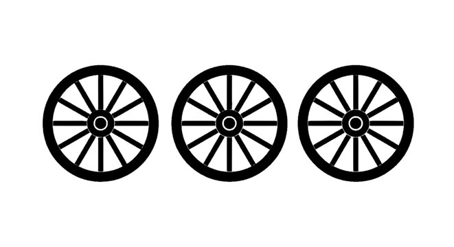 Minimal black silhouette icon, simple flat vector, bold black shape, no gradients, no shading three wooden wagon wheels on a, flat icon style