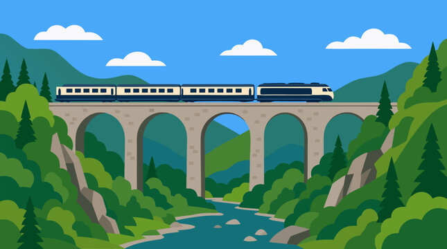 A clean flat vector illustration on a light background shows a modern passenger train crossing a stone viaduct over a forest river, ideal for travel and rail tourism promotions.