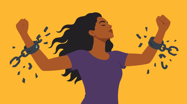 A powerful flat vector illustration of a liberated woman bursting free from shattered broken chains around her wrists, ideal for empowerment campaigns, mental health advocacy, and social justice conte
