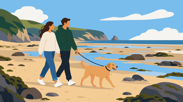 A couple strolls with their dog along a sandy beach at low tide in this serene clean flat vector illustration, ideal for pet ownership, family lifestyle, and coastal leisure themes in travel and lifes