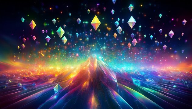 Floating Prism Particles Create Soft Glow Field Rainbow Reflections Shift Constantly Magical Abstract Energy Fills Space