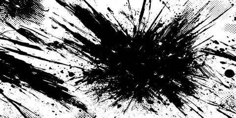 A dynamic abstract ink splash creating a visually striking pattern of bold black strokes and splatters on a white background, evoking a sense of raw energy and artistic expression. © GREENPIXEL Art
