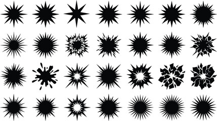 Collection of diverse black starburst and explosion silhouettes for graphic design and comic book style elements © Manik