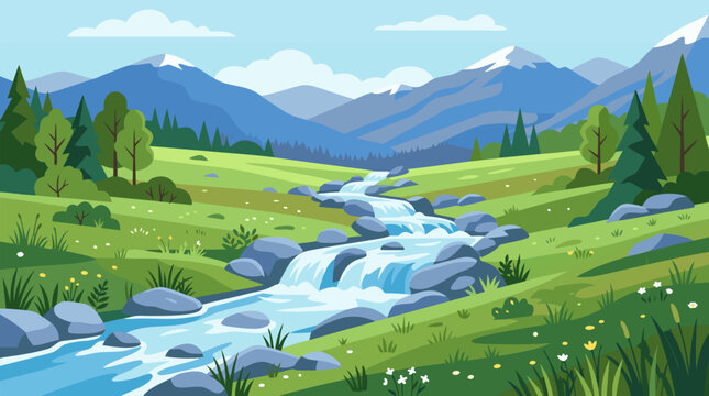A cascading mountain stream tumbling over smooth mossy rocks through a lush green meadow with fresh cool blue tones, ideal for nature, environment, and landscape themed content