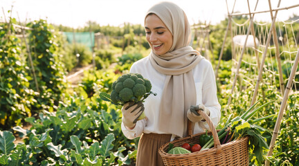Fototapeta premium Smiling woman in hijab harvesting fresh broccoli in a sunny garden. Happy female gardener holding a wicker basket of organic vegetables. Sustainable farming and diverse lifestyle concept