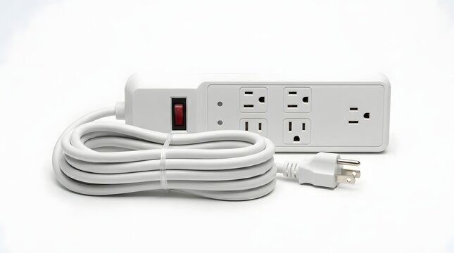 White power strip extension cord with many outlets and long coiled cable.
