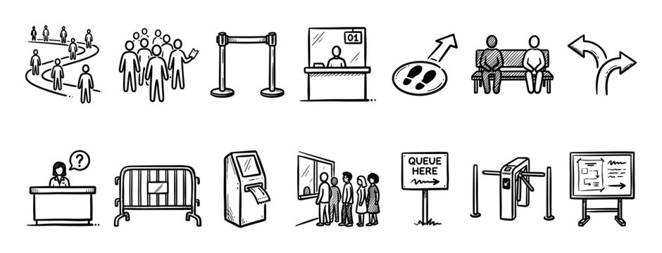 Hand-drawn doodle icons set for queuing showing people waiting in line, crowd control barriers, ticket counters, and navigation signs for public spaces in a simple sketch style