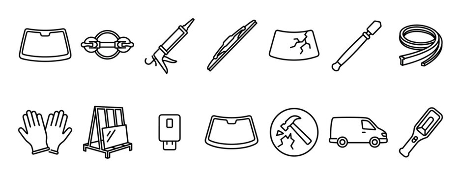 Automotive glass repair and replacement icons set showing a windshield, sealant gun, wiper, and service tools in a minimalist black and white line art style for technical illustration