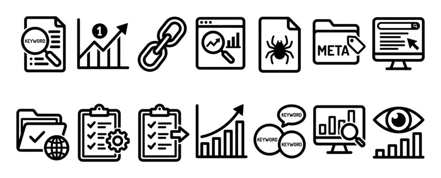Set of black line icons for SEO and digital marketing concepts including keyword research, ranking, backlink, analytics, and meta tags in a simple minimalist vector style