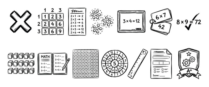 Hand-drawn black and white multiplication icons set for elementary school math education, including tables, charts, flashcards, and other learning tools in a simple doodle style