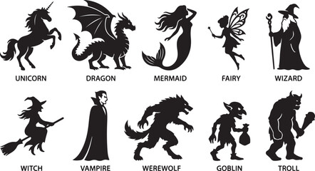 Obraz premium A collection of ten black silhouette representing mythical creatures and fantasy characters, including a unicorn, dragon, mermaid, fairy, wizard, witch, vampire, werewolf, goblin, and a troll
