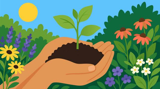 Hands tenderly holding a small seedling in rich dark soil in a sunlit garden, illustrated as a clean flat vector on a light background well suited for environmental, gardening, and sustainability camp