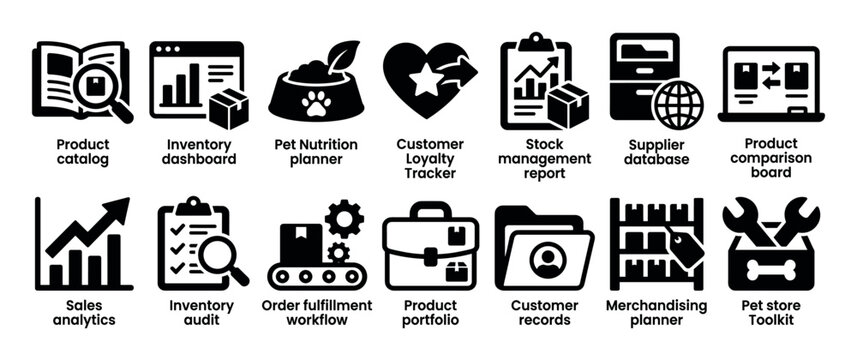 Black glyph icon set for pet store management representing e-commerce, retail operations, inventory control, sales analytics, customer loyalty, and product merchandising