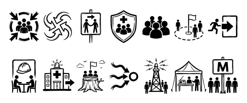 Collection of hand-drawn black icons representing emergency preparedness, evacuation procedures, and community safety assembly points in a simple doodle style