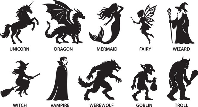 A collection of ten black silhouette representing mythical creatures and fantasy characters, including a unicorn, dragon, mermaid, fairy, wizard, witch, vampire, werewolf, goblin, and a troll