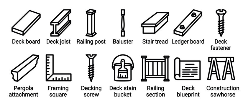 Deck building and construction line icon set with tools and materials for outdoor patio projects, including boards, joists, railings, and fasteners in a simple minimalist outline style
