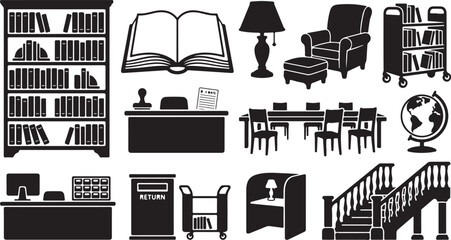 Black and white library set featuring bookshelves, open book, reading armchair, rolling book cart, study desks, chairs, globe, return bin, computer station, and a grand wooden staircase © MdAbu
