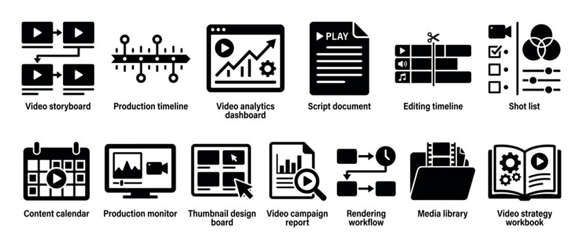 Black solid glyph icon set for video production and marketing showing storyboard, timeline, analytics, script, editing, and strategy concepts for business presentations