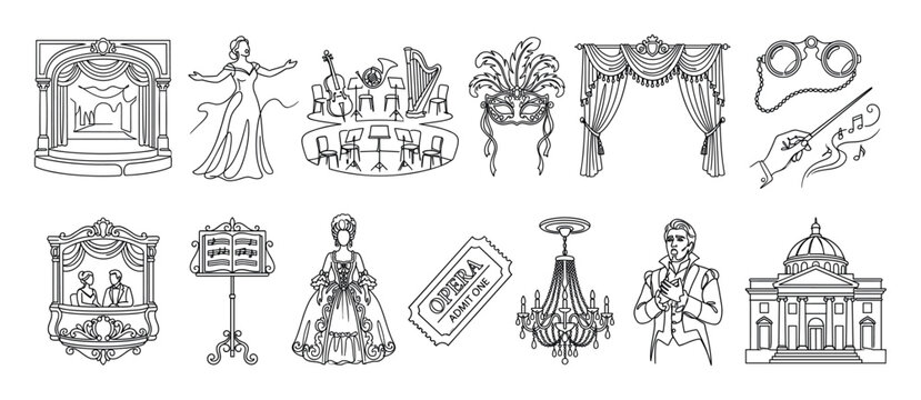 Collection of opera and theatre icons in a clean black line art style, featuring a stage, singers, orchestra, mask, ticket, chandelier, and an elegant opera house building