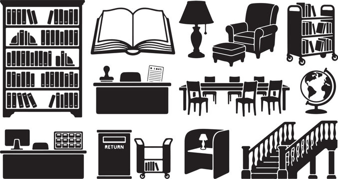 Black and white library set featuring bookshelves, open book, reading armchair, rolling book cart, study desks, chairs, globe, return bin, computer station, and a grand wooden staircase
