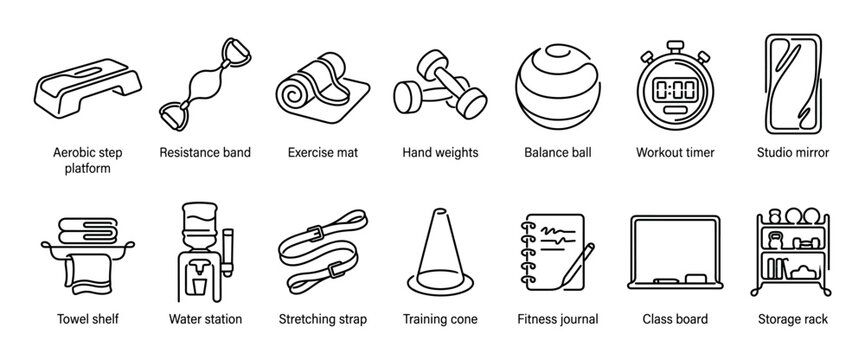 Set of fourteen fitness and gym equipment icons in a minimalist line art style, including a step platform, resistance band, exercise mat, dumbbells, and balance ball for workout concepts